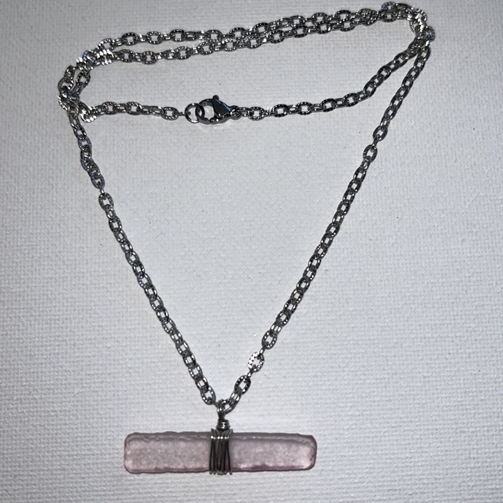 Artisan Handmade Pink Sea Glass Necklace Hypoallergenic Stainless Steel Chain